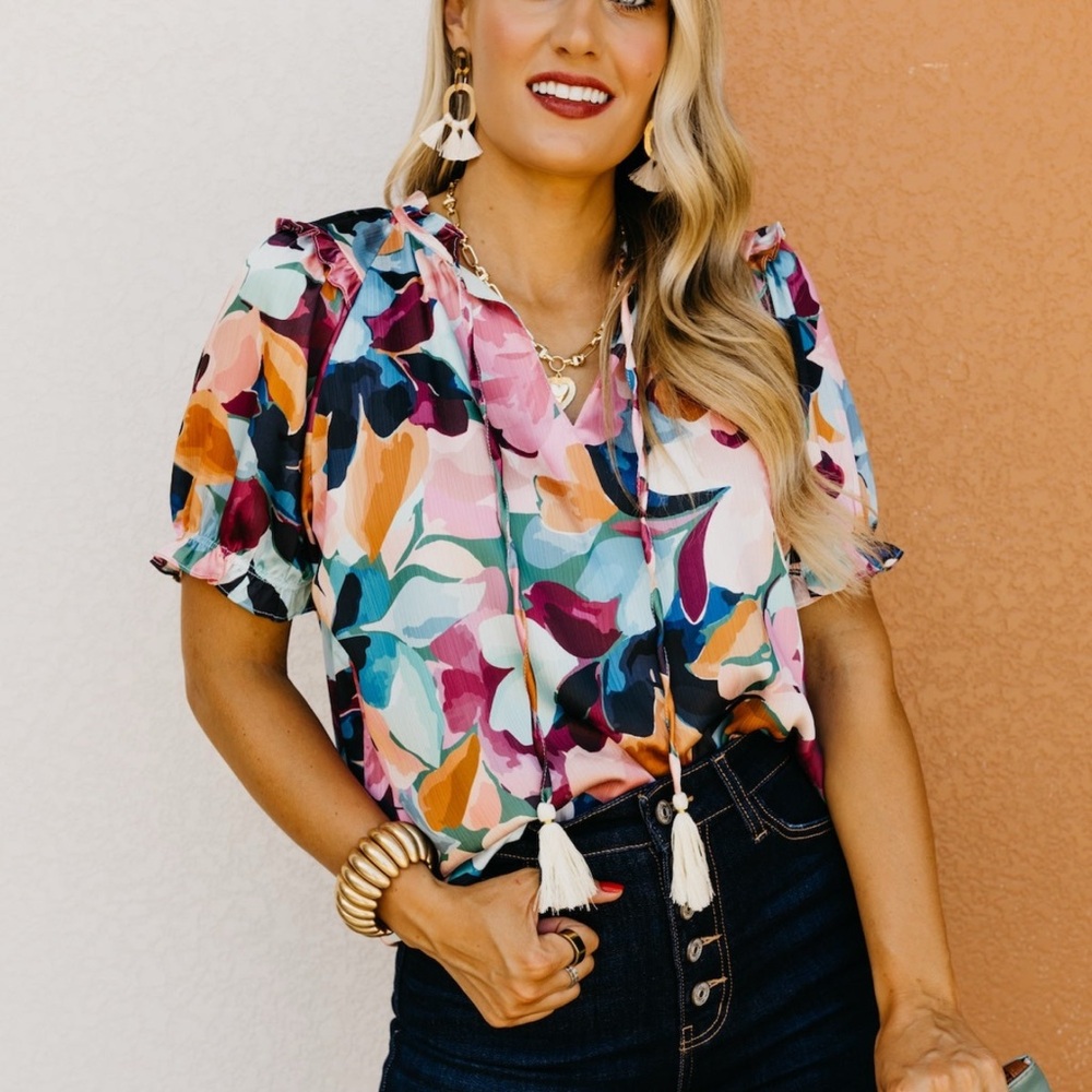 THML Pink and Green Ruffled Tie Front Blouse